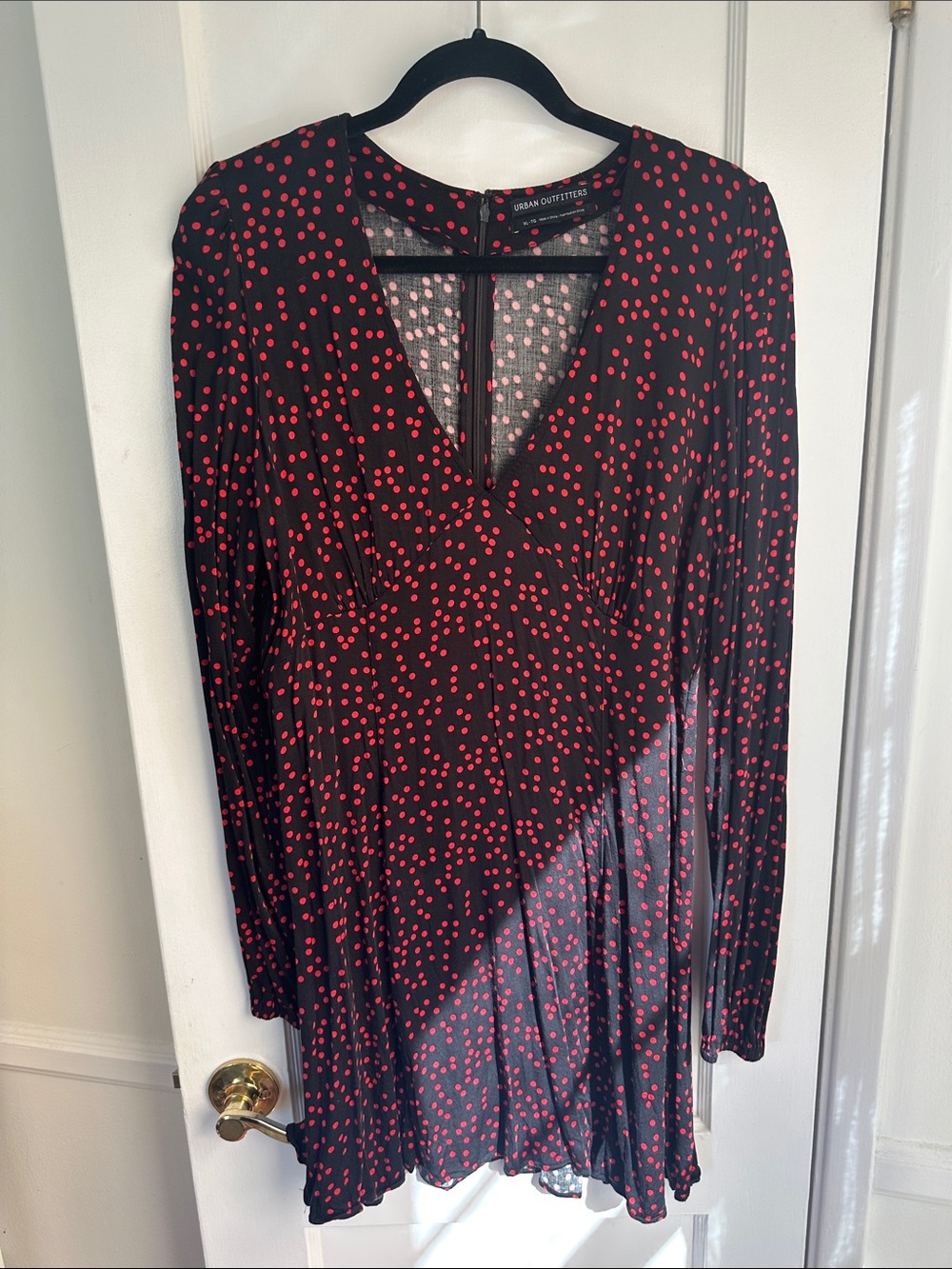 Urban Outfitters Black Long-Sleeve V-Neck Mini Dress with Red Polka Dots - XL